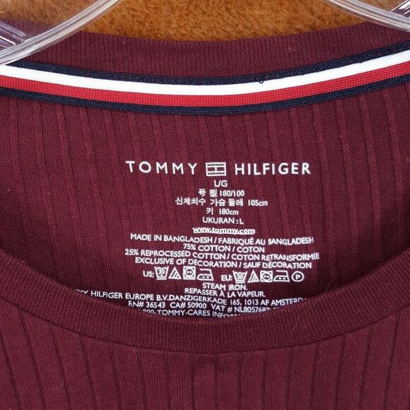 TOMMY HILFIGER Shirt Mens Large Maroon Pullover Crew Long Sleeve Ribbed Knit - Picture 2 of 6